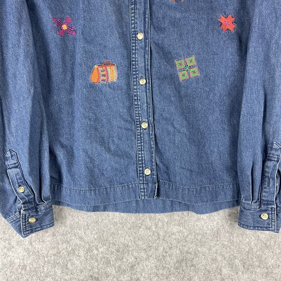 Vintage The Eagles Eye Embroidered Top Womens Medium Blue Denim Tribal Aztec 90s - Picture 3 of 15